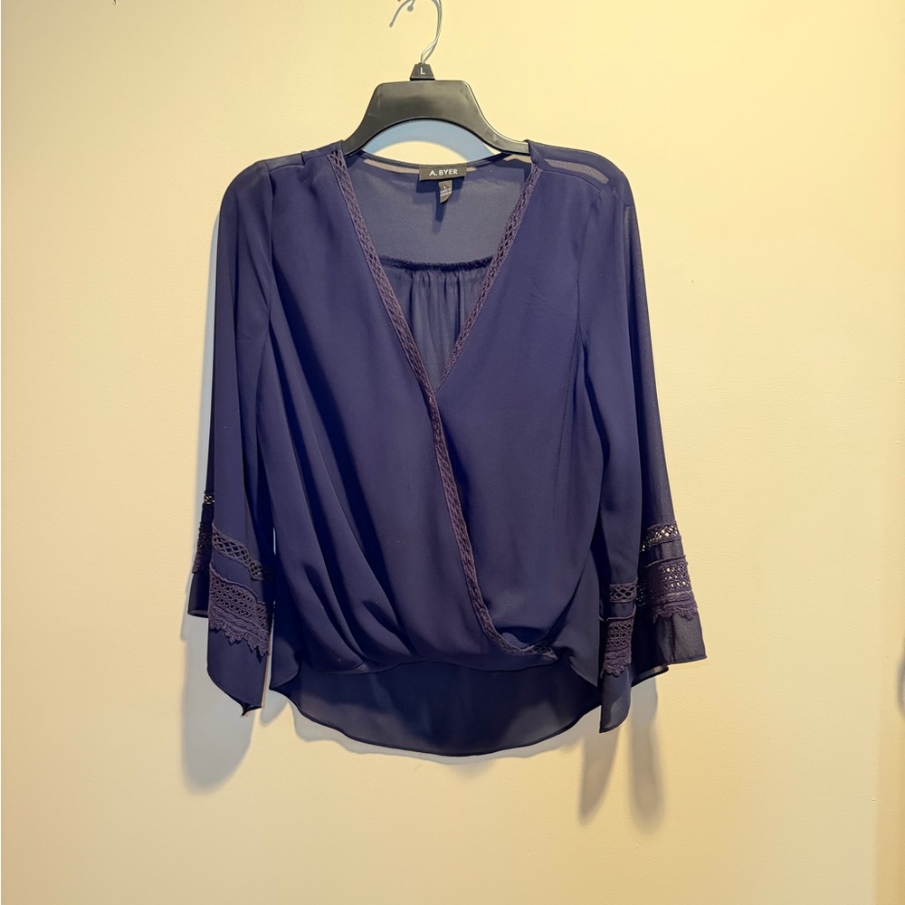 A. Byer Women's Purple Blouse with Lace Trim